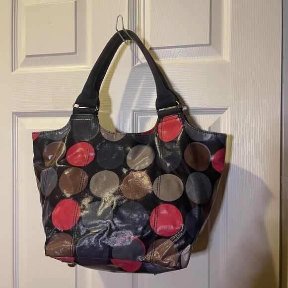 Biden coated canvas multi color Polka Dot medium Tote Bag Brass hardwares - Picture 3 of 11